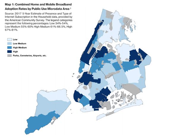 A map of combine home and mobile broadband adoption rates by public use microdata area.